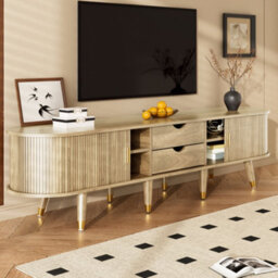 Btm 175 Cm Tv Cabinet With Sliding Door, Light Wood, Countrystyle Mdf Tv Stand With Shelves, Drawer And  Cabinet - thumbnail 7
