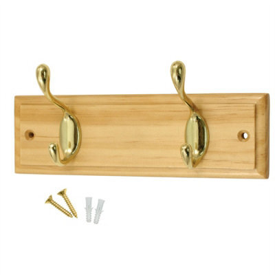 Keypak 2-Hook Wall-Mounted Coat Rack, 22.5Cm - Pine Wood Effect Board, Polished Brass Coat Hooks - Fixings Included - image 1