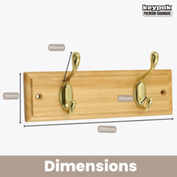 Keypak 2-Hook Wall-Mounted Coat Rack, 22.5Cm - Pine Wood Effect Board, Polished Brass Coat Hooks - Fixings Included - thumbnail 3