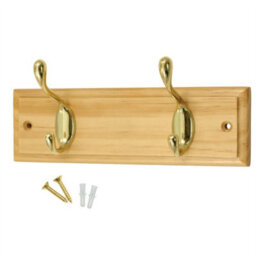 Keypak 2-Hook Wall-Mounted Coat Rack, 22.5Cm - Pine Wood Effect Board, Polished Brass Coat Hooks - Fixings Included