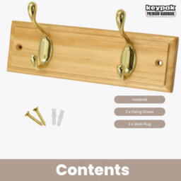 Keypak 2-Hook Wall-Mounted Coat Rack, 22.5Cm - Pine Wood Effect Board, Polished Brass Coat Hooks - Fixings Included - thumbnail 4