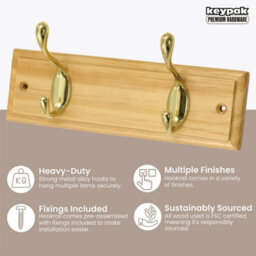 Keypak 2-Hook Wall-Mounted Coat Rack, 22.5Cm - Pine Wood Effect Board, Polished Brass Coat Hooks - Fixings Included - thumbnail 2