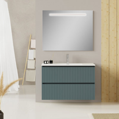 Banyetti Linea Ocean Blue Ribbed Double Drawer Wall Hung Vanity Unit 1000mm X 390mm - image 1