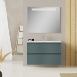 Banyetti Linea Ocean Blue Ribbed Double Drawer Wall Hung Vanity Unit 1000mm X 390mm - thumbnail 1