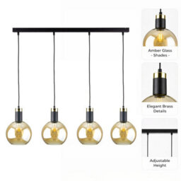 Luminosa Lighting Luminosa Auralis Bar Pendant Ceiling Light Black, Gold Amber Glass Shade 4X E27 - thumbnail 5