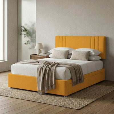 Adore Designs Rio Plush Velvet Divan Bed, Headboard & Mattress - 5Ft Kingsize - Turmeric - 0 Drawers - image 1