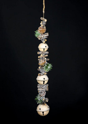 Shatchi Hanging Decoration With Jingle Bells Wooden Sticks, Berries And Pinecones Christmas Home Wall Door 90Cm Cream - image 1