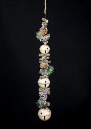 Shatchi Hanging Decoration With Jingle Bells Wooden Sticks, Berries And Pinecones Christmas Home Wall Door 90Cm Cream - thumbnail 6