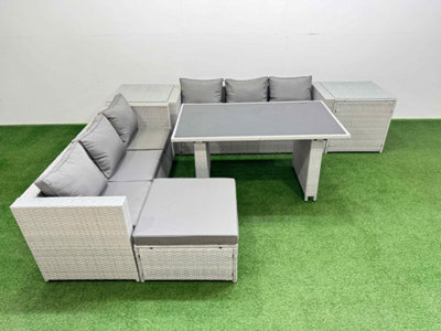 Fimous Rattan Garden Furniture Dining Set 7-Seater Patio Rectangular Table Sofa Set With 2 Side Tables Big Stool Light Grey - image 1