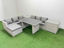 Fimous Rattan Garden Furniture Dining Set 7-Seater Patio Rectangular Table Sofa Set With 2 Side Tables Big Stool Light Grey - thumbnail 2