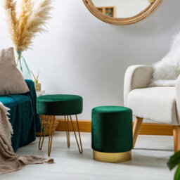 Harbour Housewares 2 Piece Velvet Footstools Set - Green - Round Luxe Living Room Bedroom Dressing Table Accent Pouffe - thumbnail 5