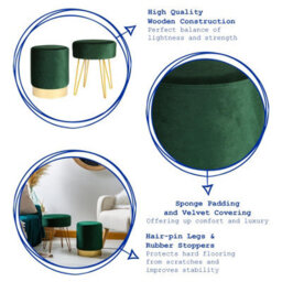Harbour Housewares 2 Piece Velvet Footstools Set - Green - Round Luxe Living Room Bedroom Dressing Table Accent Pouffe - thumbnail 2