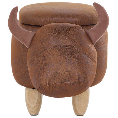 Beliani Cow Stool With Storage - Brown Faux Leather, Rubberwood Legs, Compact Nursery Pouffe - image 1