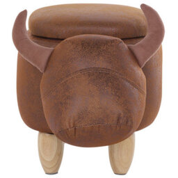 Beliani Cow Stool With Storage - Brown Faux Leather, Rubberwood Legs, Compact Nursery Pouffe - thumbnail 1