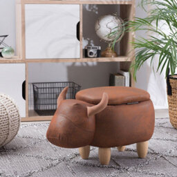 Beliani Cow Stool With Storage - Brown Faux Leather, Rubberwood Legs, Compact Nursery Pouffe - thumbnail 2