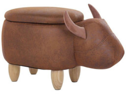 Beliani Cow Stool With Storage - Brown Faux Leather, Rubberwood Legs, Compact Nursery Pouffe - thumbnail 3