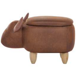 Beliani Cow Stool With Storage - Brown Faux Leather, Rubberwood Legs, Compact Nursery Pouffe - thumbnail 4