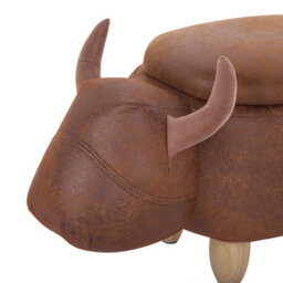 Beliani Cow Stool With Storage - Brown Faux Leather, Rubberwood Legs, Compact Nursery Pouffe - thumbnail 6