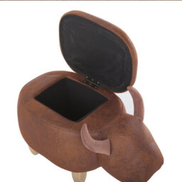 Beliani Cow Stool With Storage - Brown Faux Leather, Rubberwood Legs, Compact Nursery Pouffe - thumbnail 7