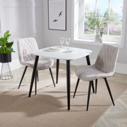 Core Products Aspen White 80Cm Square Dining Table With 2 Light Grey Cord Fabric Diamond Stitch Design Chairs