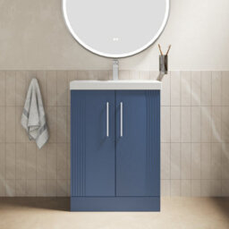 Balterley Belvide Partial Fluted 2 Door Floor Standing Vanity Unit With 1 Tap Hole Thin-Edge Basin- 600mm - Satin Blue - thumbnail 2