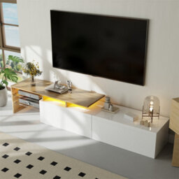 Matteo Stylish High-Gloss White & Oak Effect Tv Unit With Led Lighting, Glass Shelves & Ample Storage For Modern Uk Homes - thumbnail 2