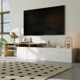 Matteo Stylish High-Gloss White & Oak Effect Tv Unit With Led Lighting, Glass Shelves & Ample Storage For Modern Uk Homes - thumbnail 6