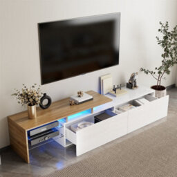 Matteo Stylish High-Gloss White & Oak Effect Tv Unit With Led Lighting, Glass Shelves & Ample Storage For Modern Uk Homes - thumbnail 9