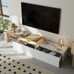 Matteo Stylish High-Gloss White & Oak Effect Tv Unit With Led Lighting, Glass Shelves & Ample Storage For Modern Uk Homes - thumbnail 7