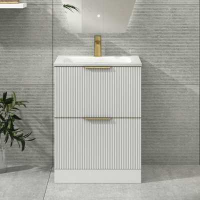 Royal Bathrooms Evora 600mm Matt White Fluted Floor Standing Bathroom Vanity Unit 2 Drawer Cabinet With Stone Basin & Brushed Brass Handles - image 1