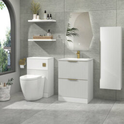 Royal Bathrooms Evora 600mm Matt White Fluted Floor Standing Bathroom Vanity Unit 2 Drawer Cabinet With Stone Basin & Brushed Brass Handles - thumbnail 4