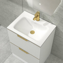 Royal Bathrooms Evora 600mm Matt White Fluted Floor Standing Bathroom Vanity Unit 2 Drawer Cabinet With Stone Basin & Brushed Brass Handles - thumbnail 7
