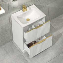 Royal Bathrooms Evora 600mm Matt White Fluted Floor Standing Bathroom Vanity Unit 2 Drawer Cabinet With Stone Basin & Brushed Brass Handles - thumbnail 5