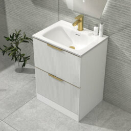 Royal Bathrooms Evora 600mm Matt White Fluted Floor Standing Bathroom Vanity Unit 2 Drawer Cabinet With Stone Basin & Brushed Brass Handles - thumbnail 6