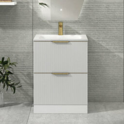Royal Bathrooms Evora 600mm Matt White Fluted Floor Standing Bathroom Vanity Unit 2 Drawer Cabinet With Stone Basin & Brushed Brass Handles
