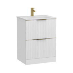 Royal Bathrooms Evora 600mm Matt White Fluted Floor Standing Bathroom Vanity Unit 2 Drawer Cabinet With Stone Basin & Brushed Brass Handles - thumbnail 8