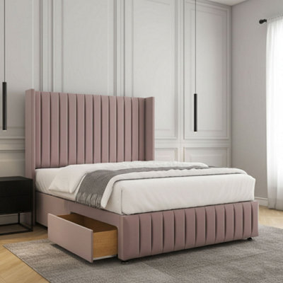 REGIONAL FURNISHINGS Divan Bed Set Pink Plush Velvet Upholstered 54Inch Headboard & Footboard 2Drawersfootend & Mattress In 4Ft 4Ft6 5Ft 6Ft - image 1