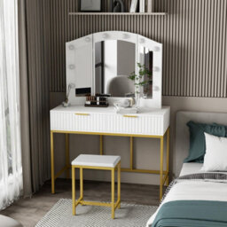 Kosy Koala Dressing Table Set With Bulb Lights 3-Way Mirror, Drawers And Stool - White And Gold - Hollywood Style