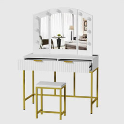 Kosy Koala Dressing Table Set With Bulb Lights 3-Way Mirror, Drawers And Stool - White And Gold - Hollywood Style - thumbnail 2