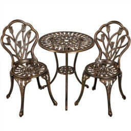 Yaheetech Bronze 3 Piece Patio Bistro Table Set, 2 Seater Metal Garden Table & Chairs Bistro Coffee Table Set With Umbrella Hole - thumbnail 2