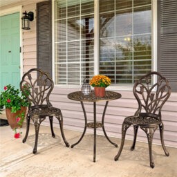 Yaheetech Bronze 3 Piece Patio Bistro Table Set, 2 Seater Metal Garden Table & Chairs Bistro Coffee Table Set With Umbrella Hole - thumbnail 1