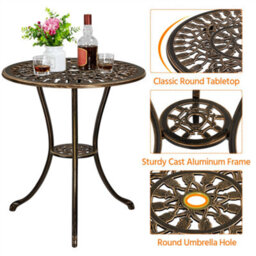 Yaheetech Bronze 3 Piece Patio Bistro Table Set, 2 Seater Metal Garden Table & Chairs Bistro Coffee Table Set With Umbrella Hole - thumbnail 5