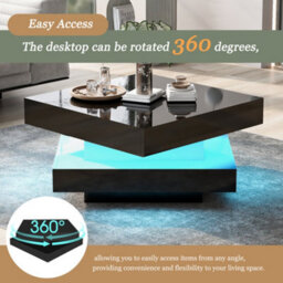 Btm Black Square High Gloss Coffee Table With 360 Rotating Top Led Light Tea Table 70 X 70 X 36 Cm - thumbnail 3