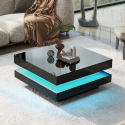 Btm Black Square High Gloss Coffee Table With 360 Rotating Top Led Light Tea Table 70 X 70 X 36 Cm - thumbnail 1
