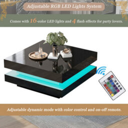 Btm Black Square High Gloss Coffee Table With 360 Rotating Top Led Light Tea Table 70 X 70 X 36 Cm - thumbnail 9
