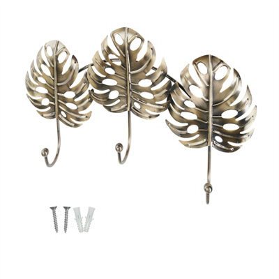 Keypak Brushed Brass Wide Leaf 3 Hook Wall Mounted Coat Rack - Decorative Metal Hook Rail For Coats, Hats, Bags, Tools - image 1