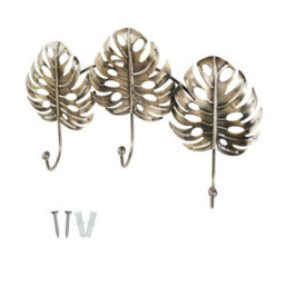 Keypak Brushed Brass Wide Leaf 3 Hook Wall Mounted Coat Rack - Decorative Metal Hook Rail For Coats, Hats, Bags, Tools