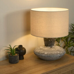 Lighting Collection Textured Grey Ceramic Base Table Lamp With Neutral Fabric Shade - thumbnail 1