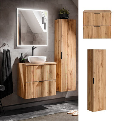 Impact Furniture Oak Bathroom Furniture Set Wall Hung Vanity 600mm Countertop Tall Storage Unit Fluted Oak Effect - Adel - image 1
