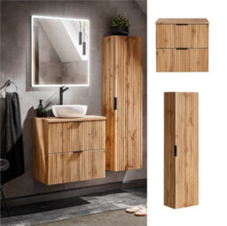Impact Furniture Oak Bathroom Furniture Set Wall Hung Vanity 600mm Countertop Tall Storage Unit Fluted Oak Effect - Adel - thumbnail 1